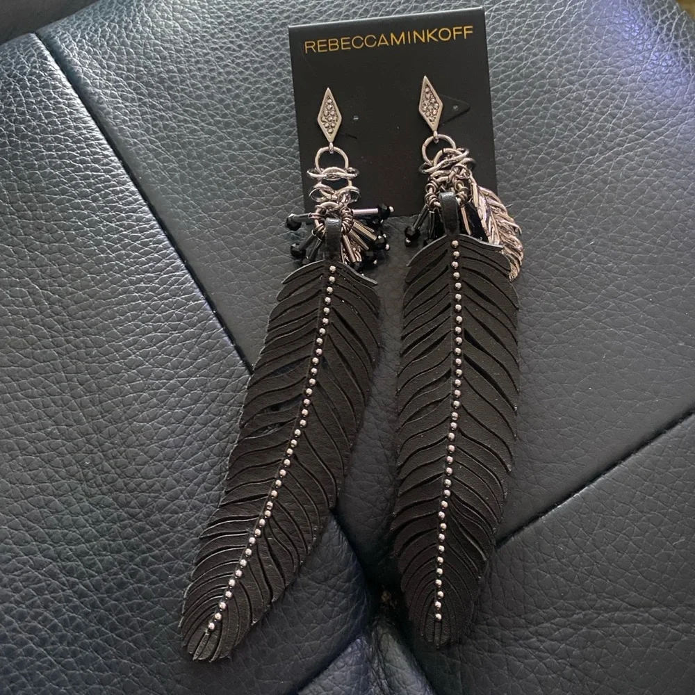 Rebecca Minkoff Leather Feather Earrings Black Feather and Crystals - Picture 3 of 6